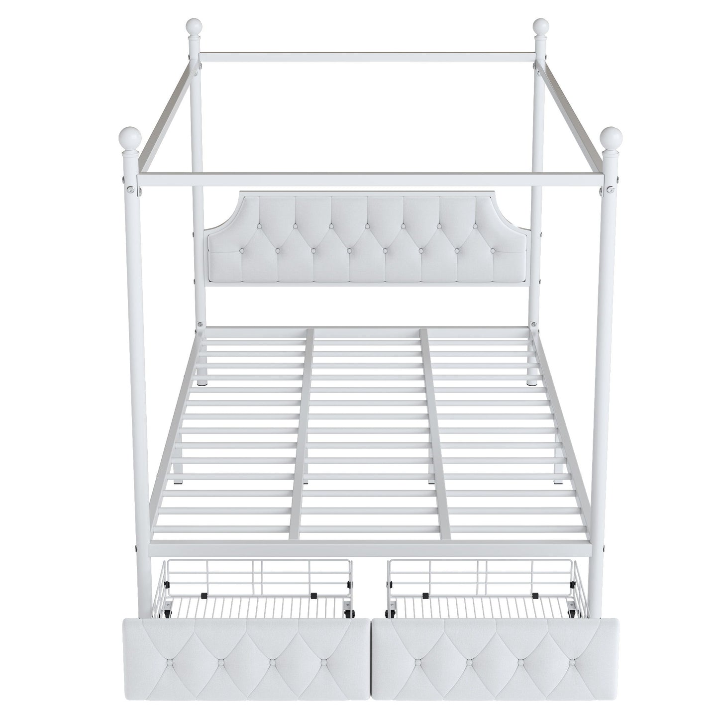 Queen Size Canopy Platform Bed With Upholstered Headboard And 2 Storage Drawers - White