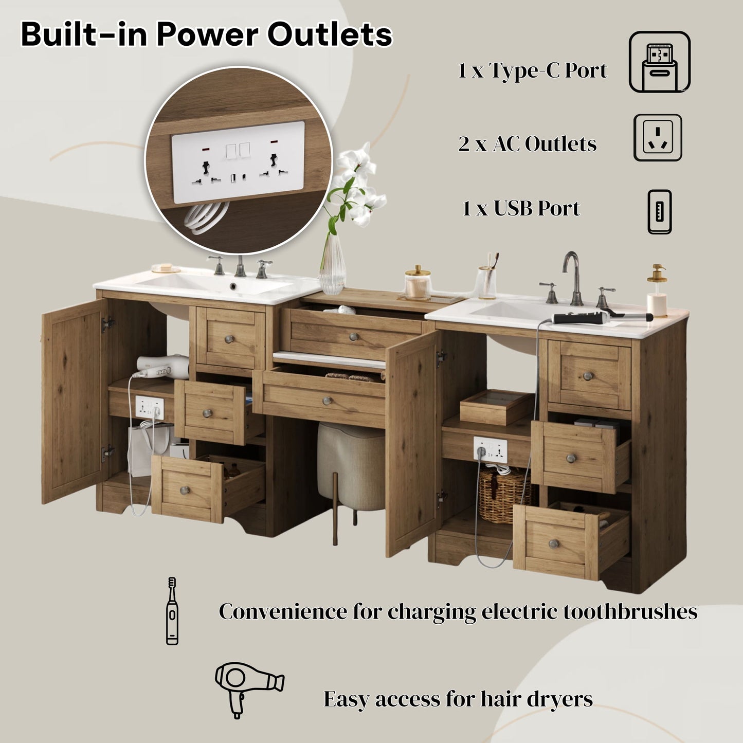 Double Sink Bathroom Vanity With Countertop, 2 Ceramic Sinks, 6 Drawers, Soft Close Design