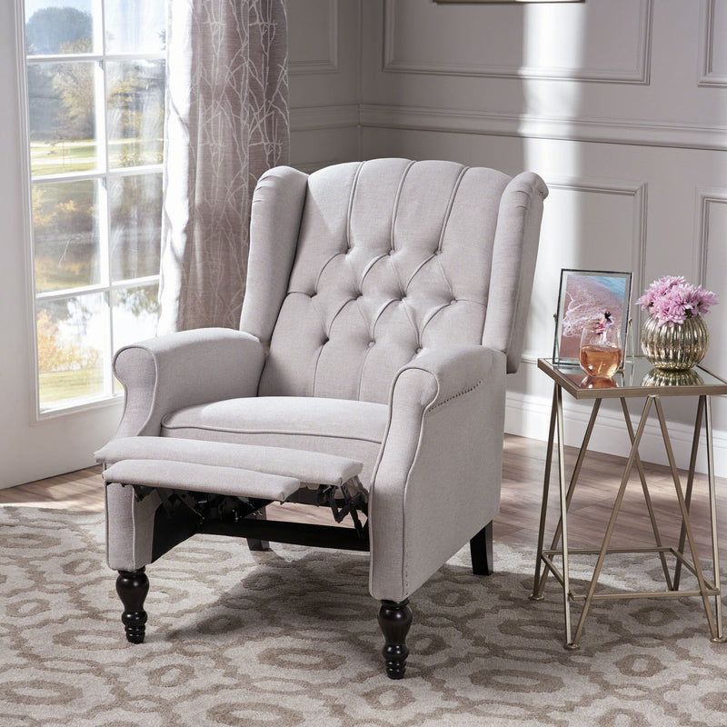 Tufted Arm Chair Recliner With Wingback Style, Pushback Mechanism - Light Gray