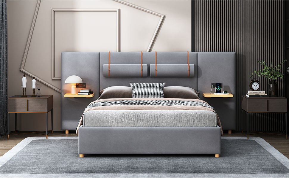 Upholstered Platform Bed, 2 Outlets And USB Charging Ports On Both Sides, 2 Bedside Pillows, Storage Shelves