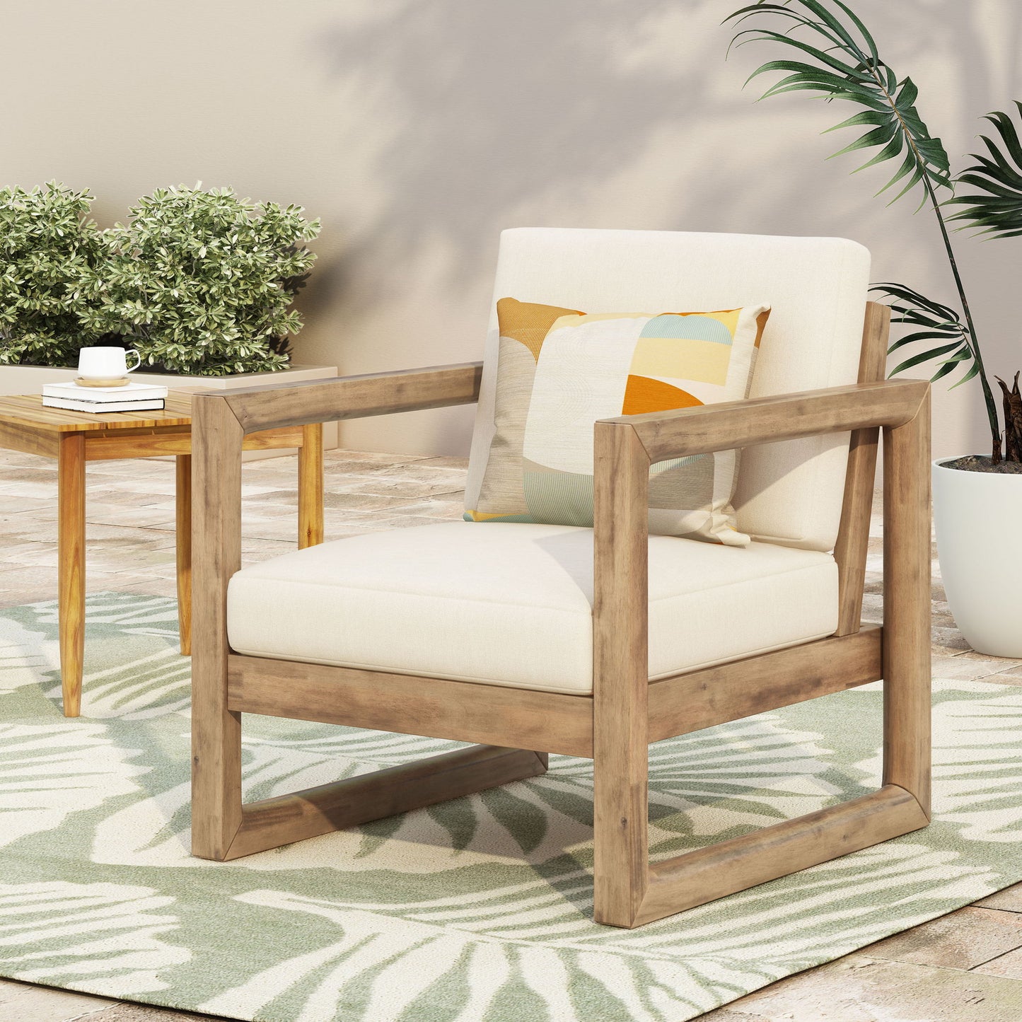 Outdoor Acacia Wood Patio Club Chair, Wood Patio Furniture, Waterproof Thick Cushion Deep Seating For Porch - Brown Wash / Beige
