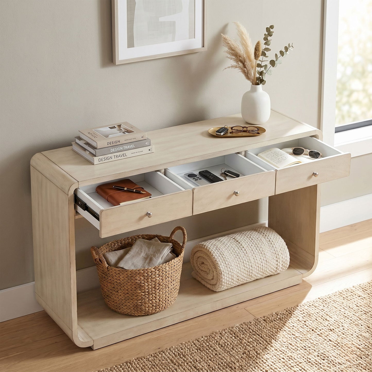 Console Table With 3 Drawers And Display Shelf