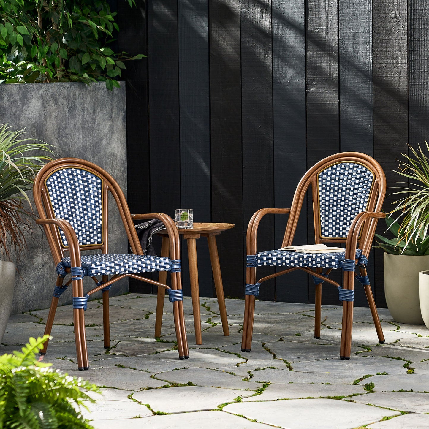 Bistro Chair With 2 Toned Checkered Pattern, (Set of 2) - White / Navy