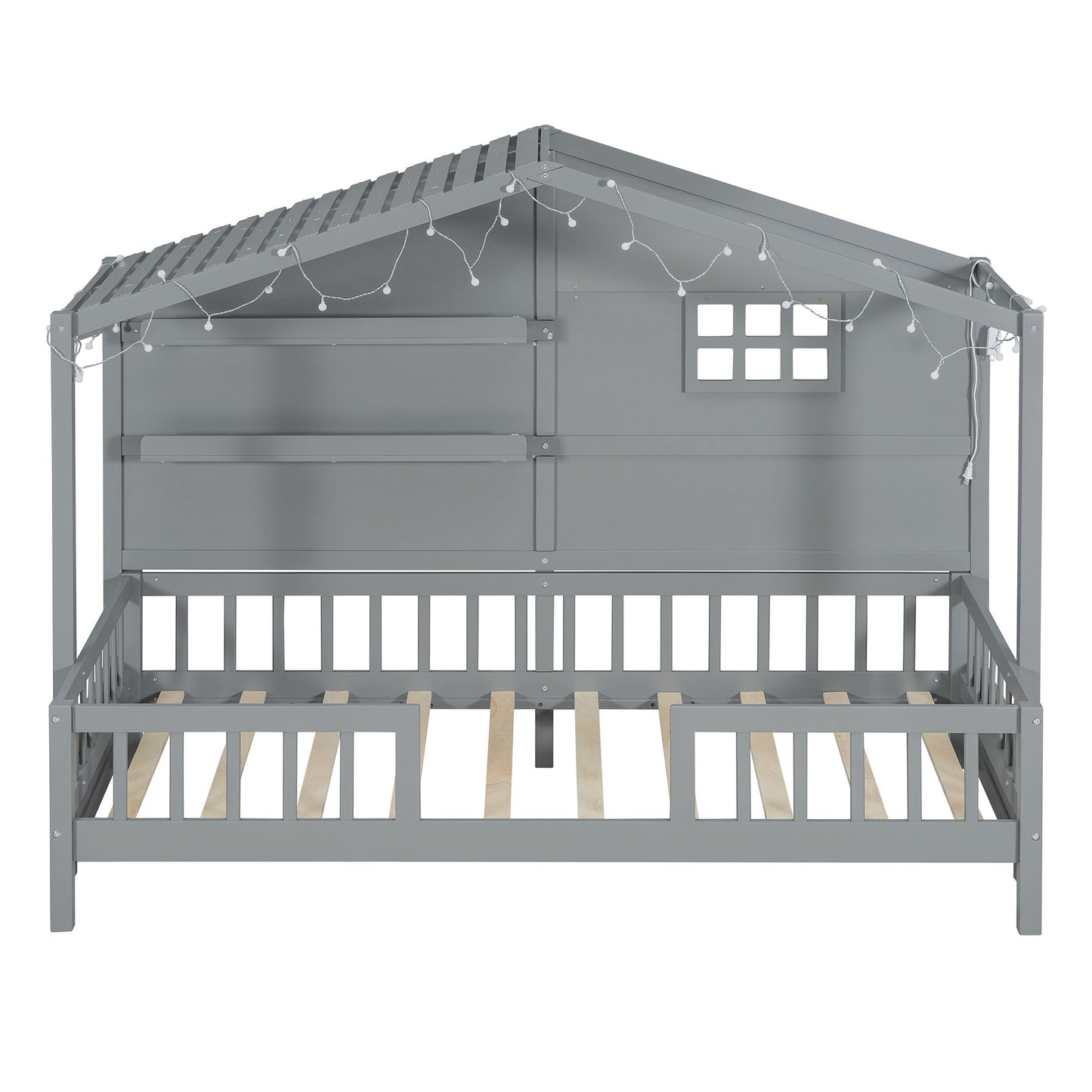 House Bed With Shelves, Window And Sparkling Light Strip On The Roof