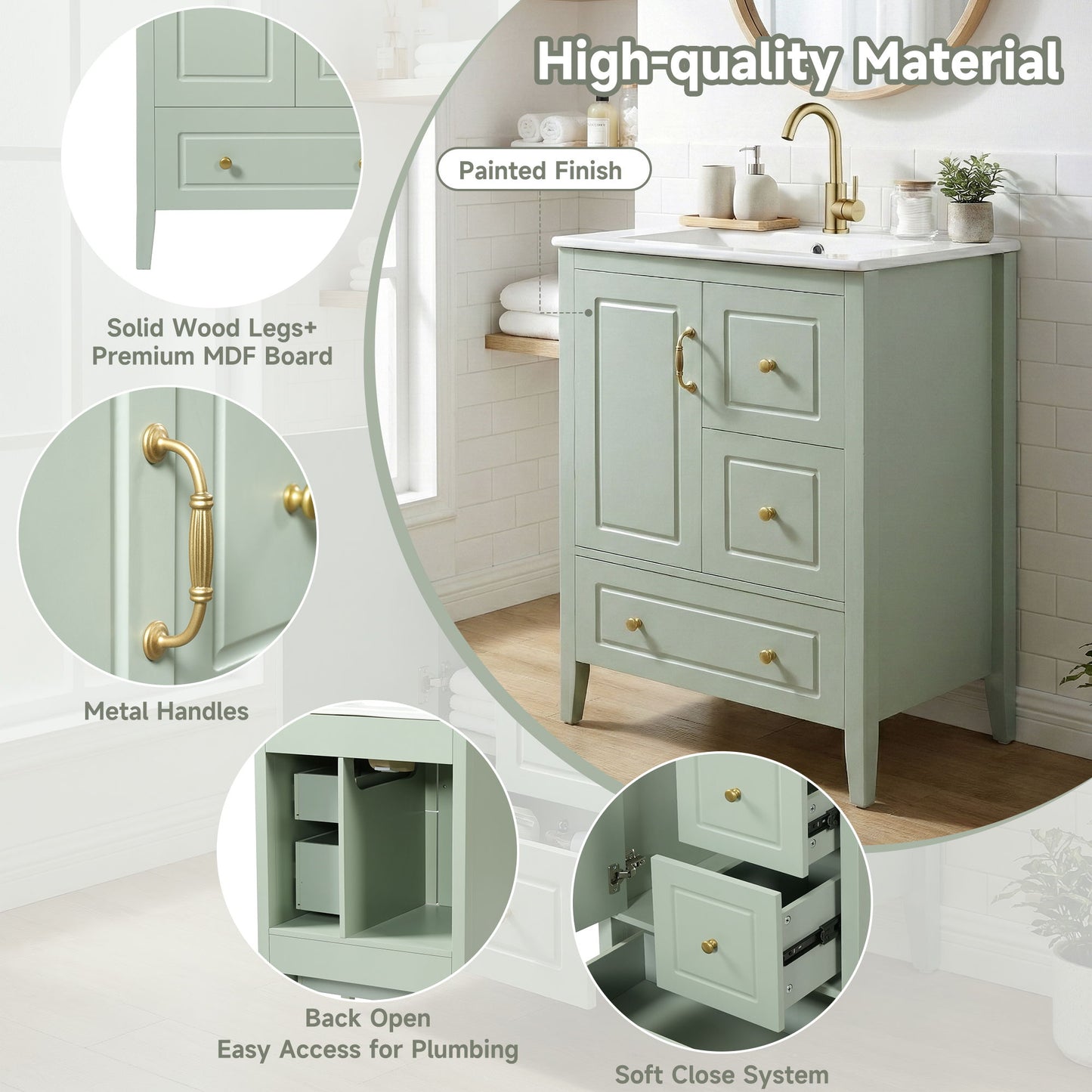 Retro Bathroom Vanity With Sink, Soft Closing Cabinet & Drawers