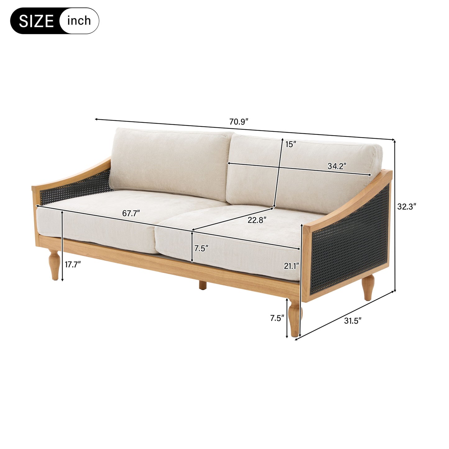 3 Seater Sofa With Rattan Armrests