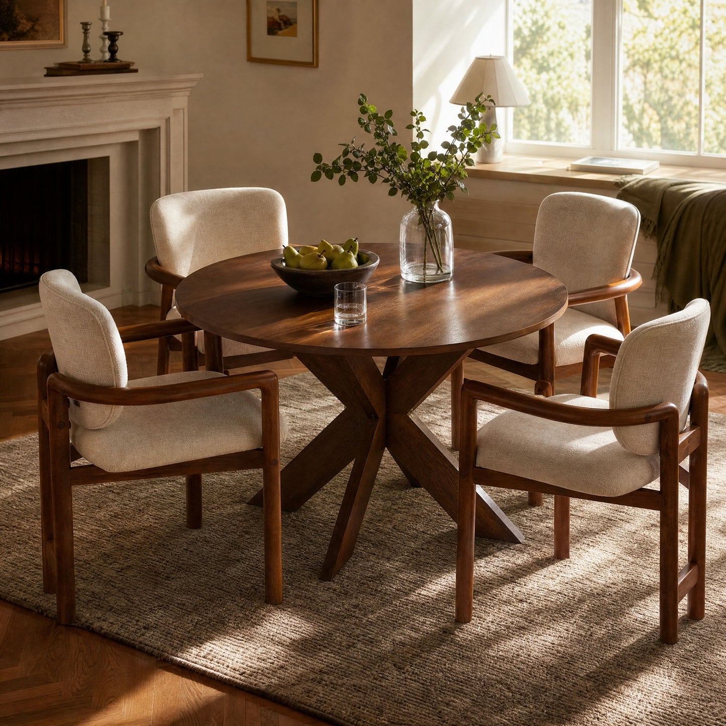 5 Piece Indoor Dining Set, Round Table & 4 Brown Arm Chairs - Beige / Brown / Cherry