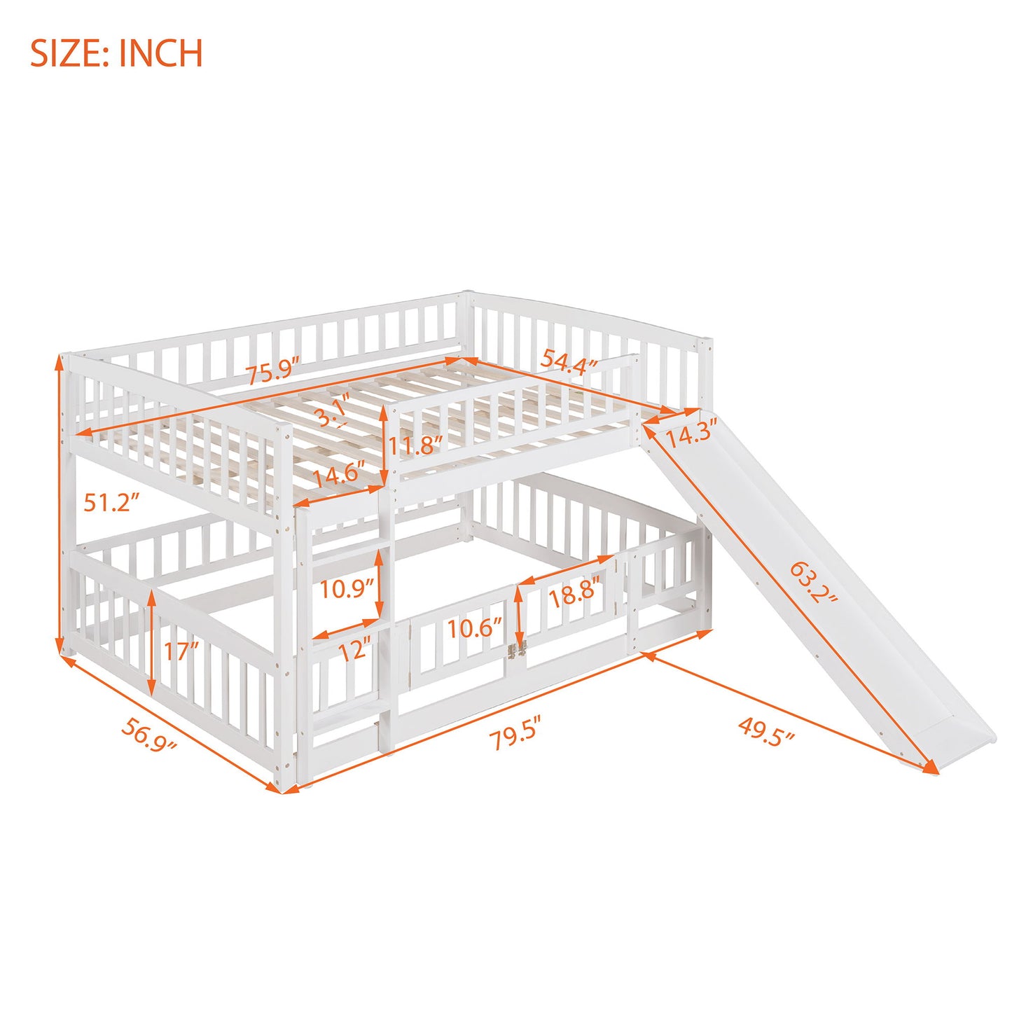Low Bunk Bed With Slide, Fence And Ladder