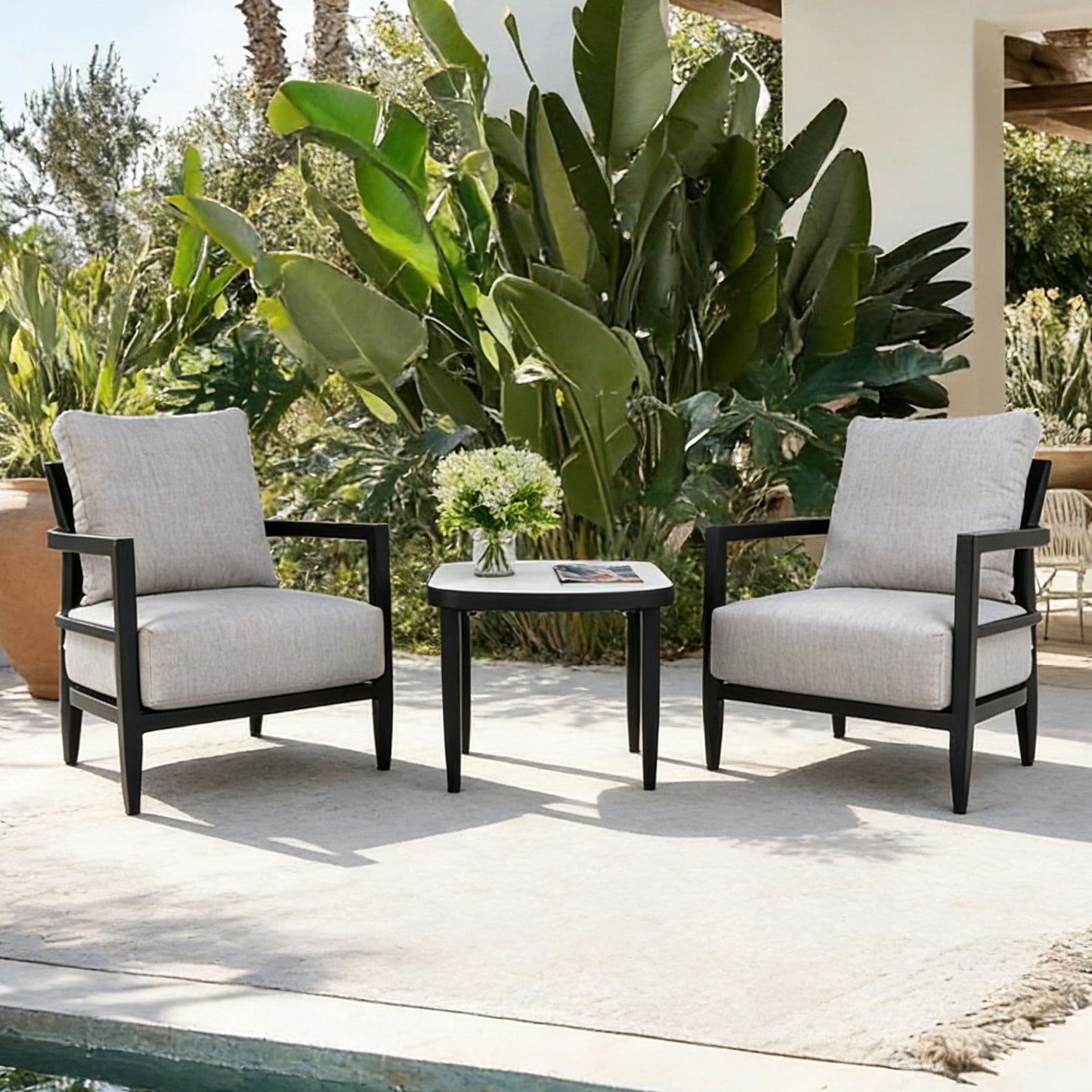 Outdoor Patio Furniture, Chat Set, Sunbrella Cushions And Side Table