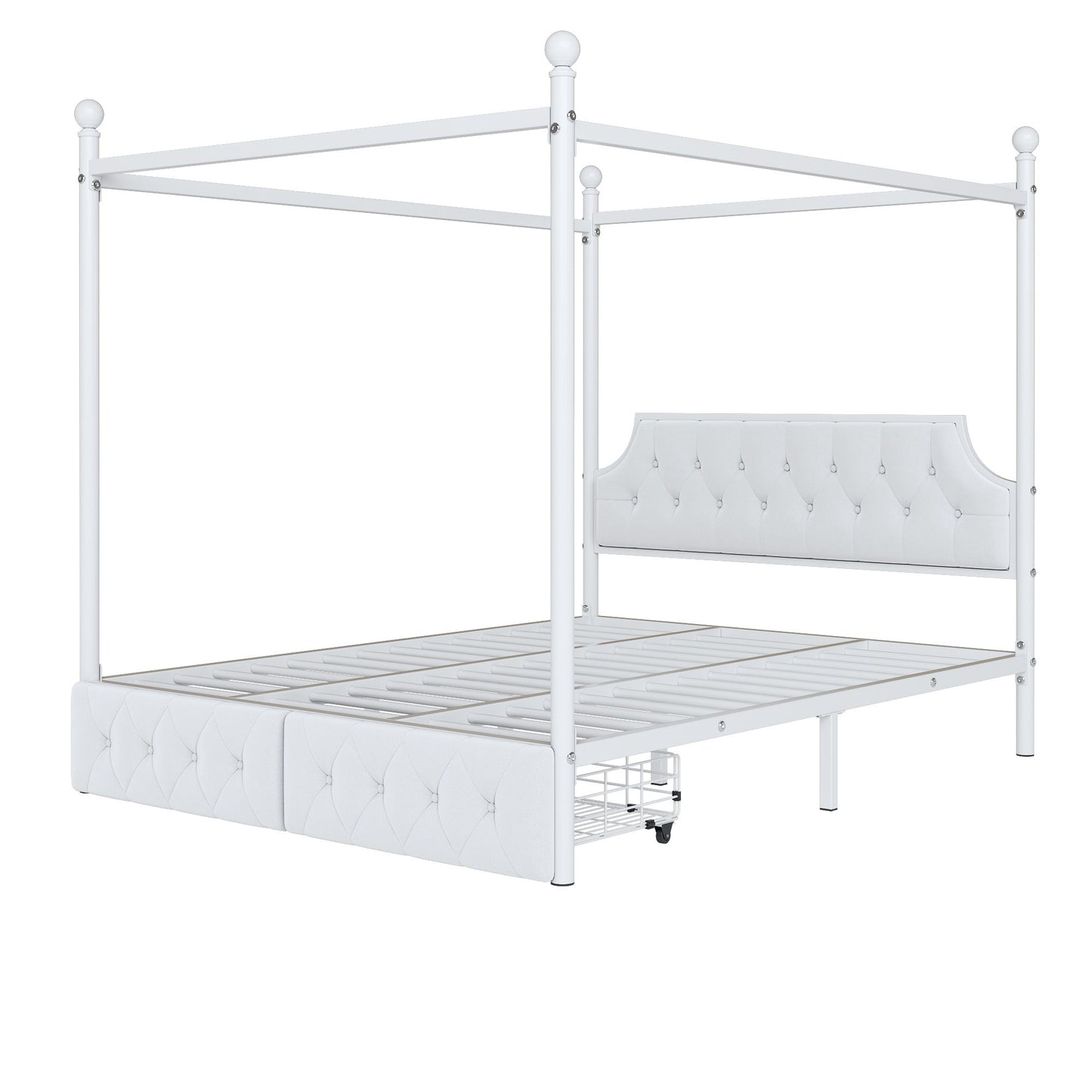 Queen Size Canopy Platform Bed With Upholstered Headboard And 2 Storage Drawers - White