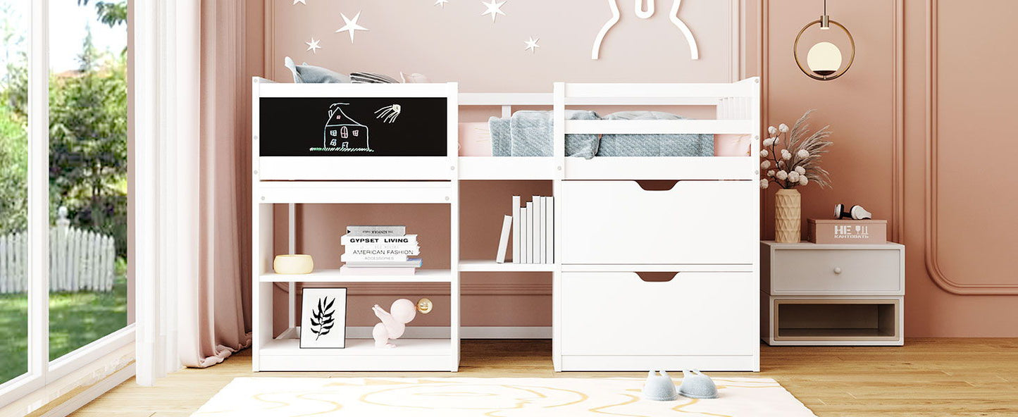 Low Loft Bed With Rolling Desk, Shelf And Drawers