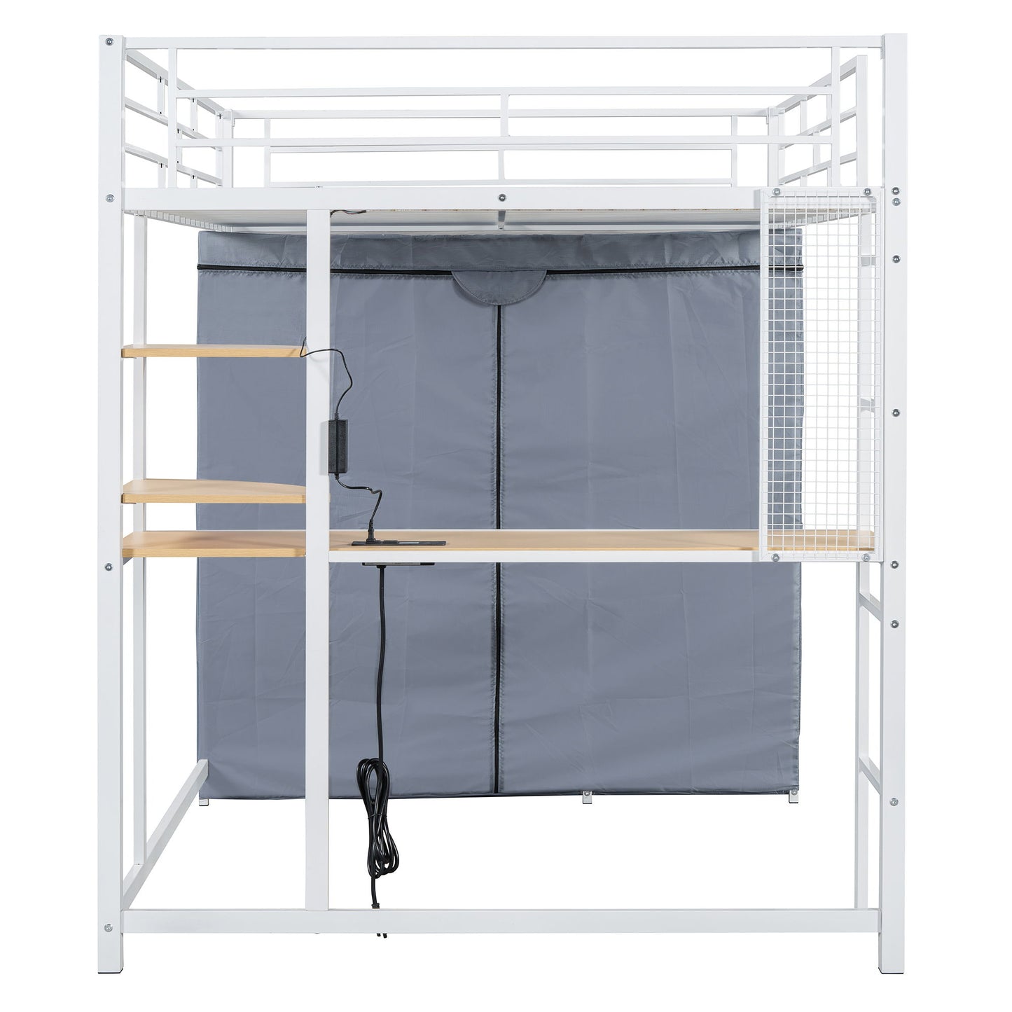 Loft Bed With Desk, Shelves, Power Outlet, LED Light And Wardrobe