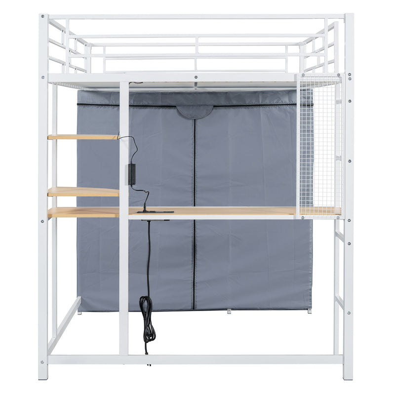 Full Size Loft Bed With Desk, Shelves, Power Outlet, LED Light And Wardrobe - White