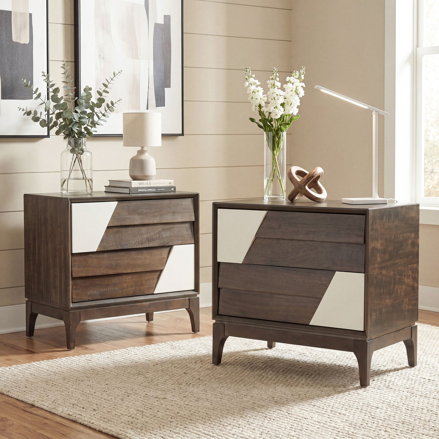 Japandi 2 Drawer Nightstand With Geometric Design