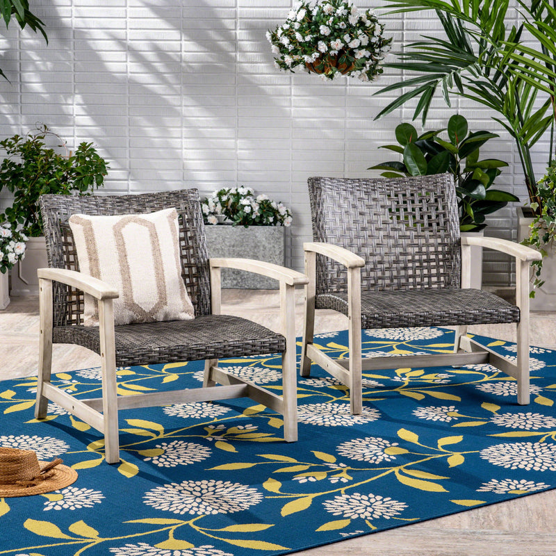 Outdoor Club Chair With Rattan Cover And Acacia Wood Frame - Gray / Black