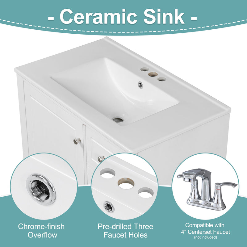 Freestanding Bathroom Vanity With Sink, Soft Close Door, 3 Drawers - White