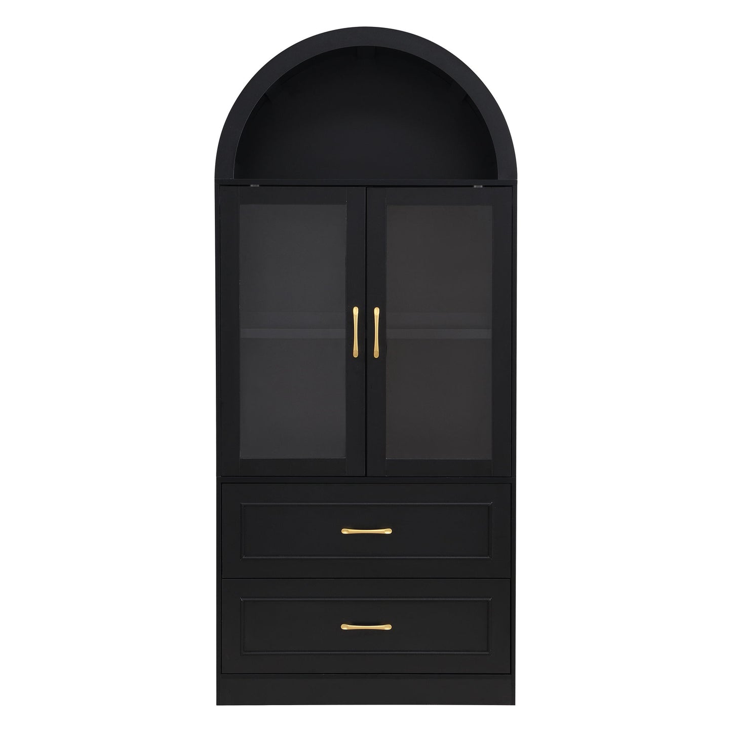 Arched Top Storage Cabinet With Fixed 2 Tier Shelves, 2 Large Drawers