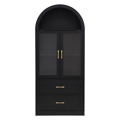 Arched Top Storage Cabinet With Fixed 2 Tier Shelves, 2 Large Drawers