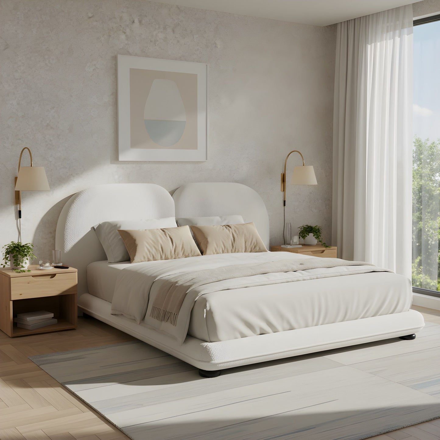 King Size Upholstered Platform Bed With Split Headboard - White