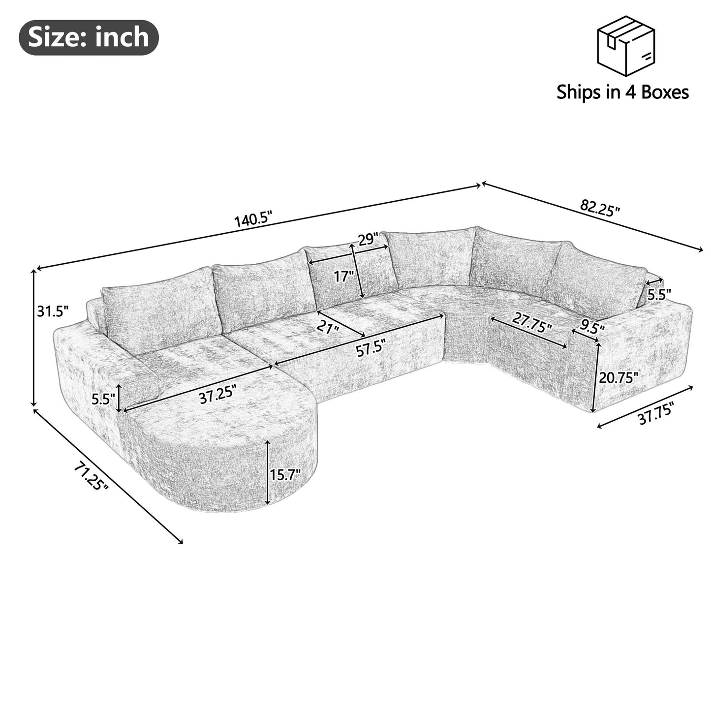 Modular Cloud Sectional Sofa Set, U-Shaped Upholstered Couch With Deep Seat