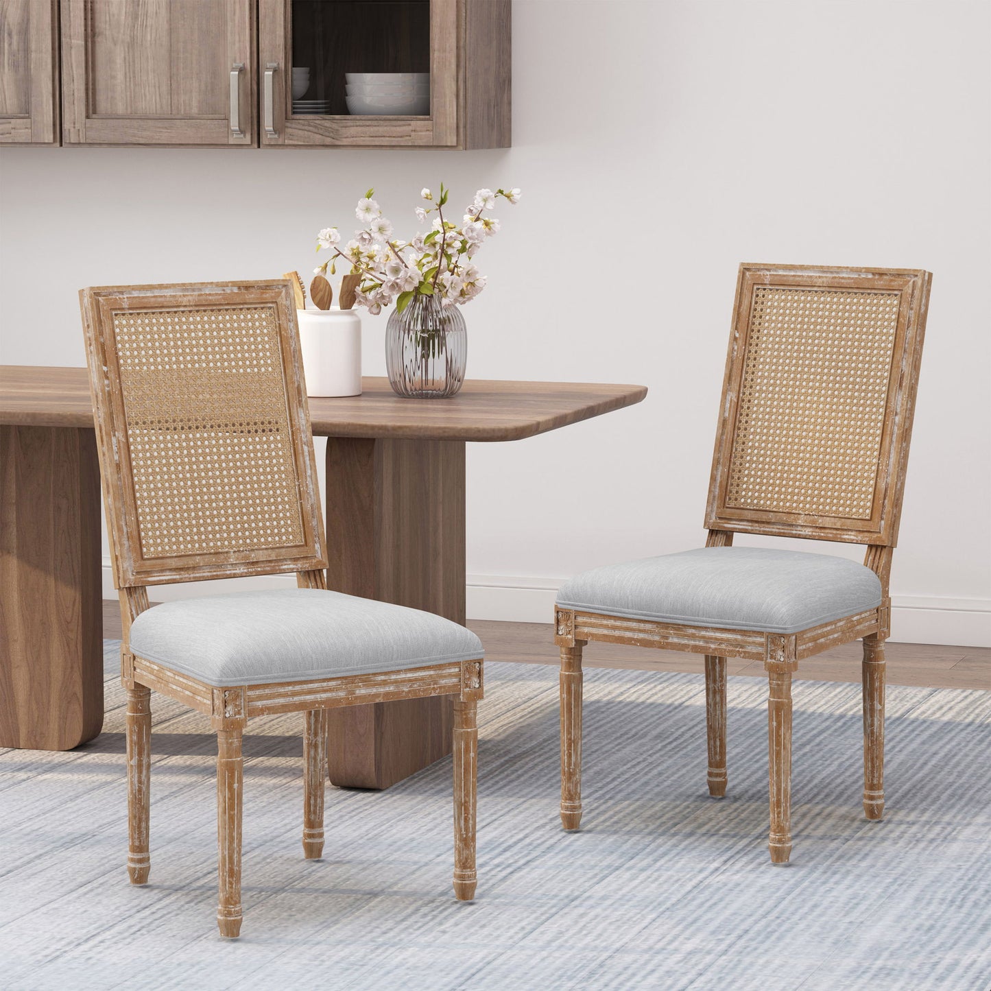 French Country Dining Chair With Rectangular Cane Backrest And Smooth Upholstered Seating