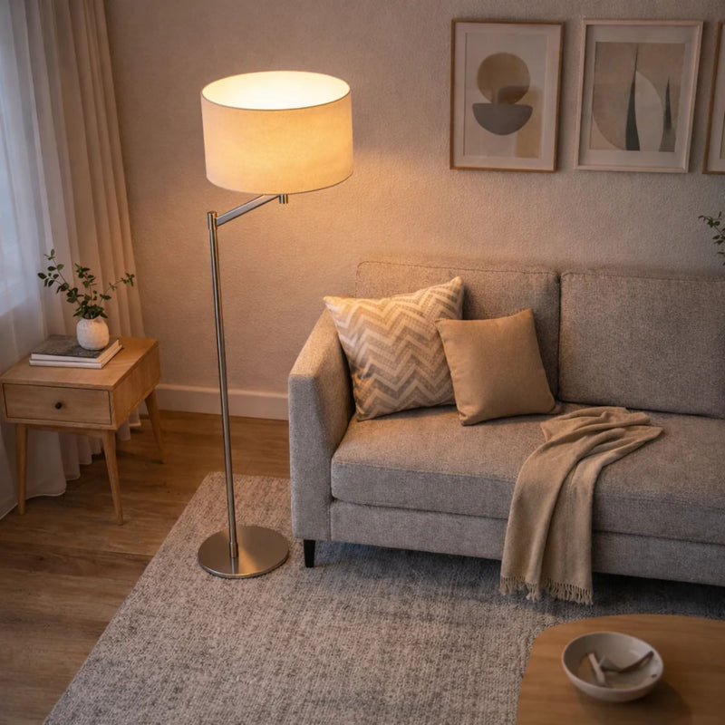 Serene - Floor Lamp With Rotary Switch Base Linen Shade - Brushed Nickel / White
