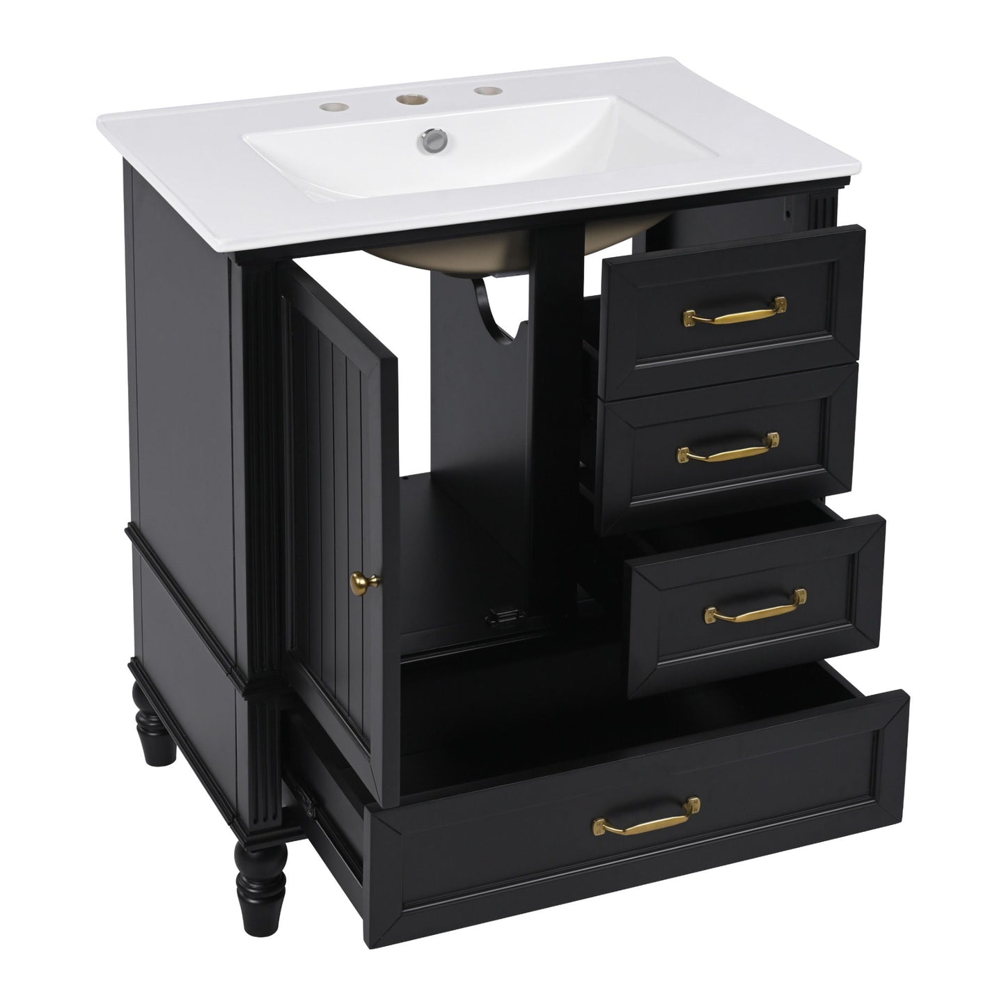 30" Bathroom Vanity With Sink, 3 Drawers, Adjustable Feet