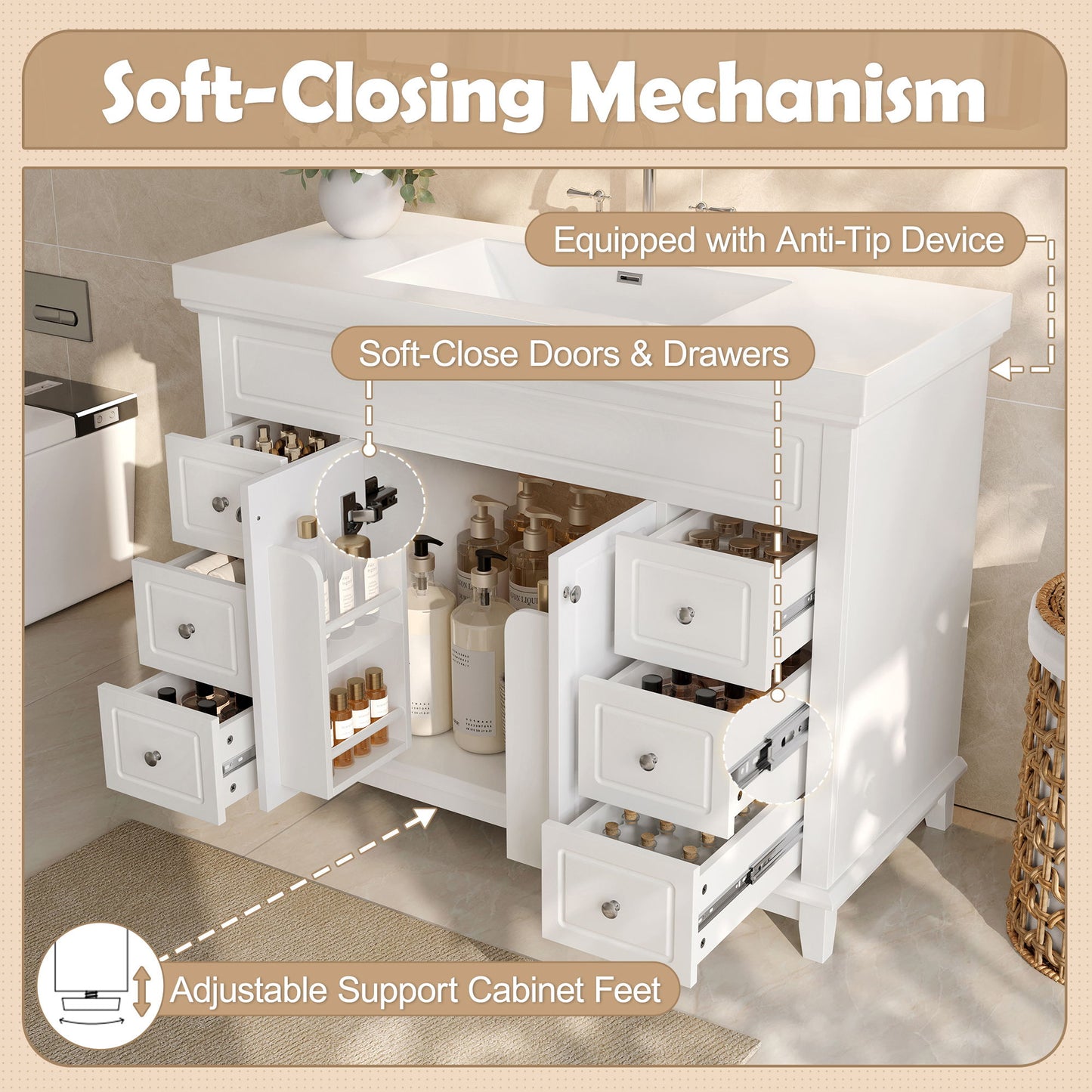 Bathroom Vanity Cabinet Only, 6 Soft Close Drawers & Double Doors With 2 Tier Shelves - White