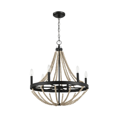 Starry - Chandelier 6 Candle Light Wood Beaded Pendant Light For Dining Room - Black / Clear