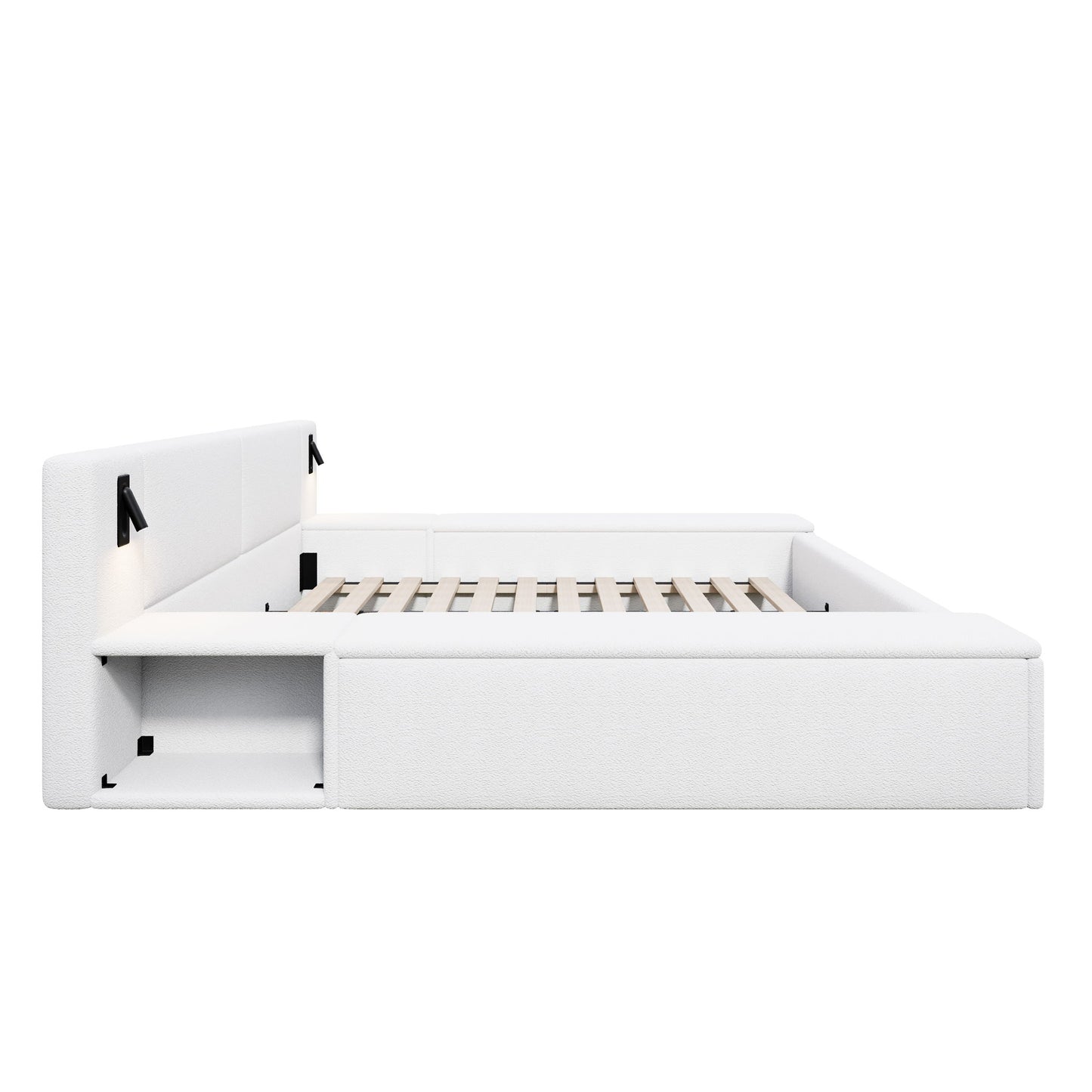 Upholstered Platform Bed Frame With Hidden Storage, Built-In Nightstands & LED Reading Lights