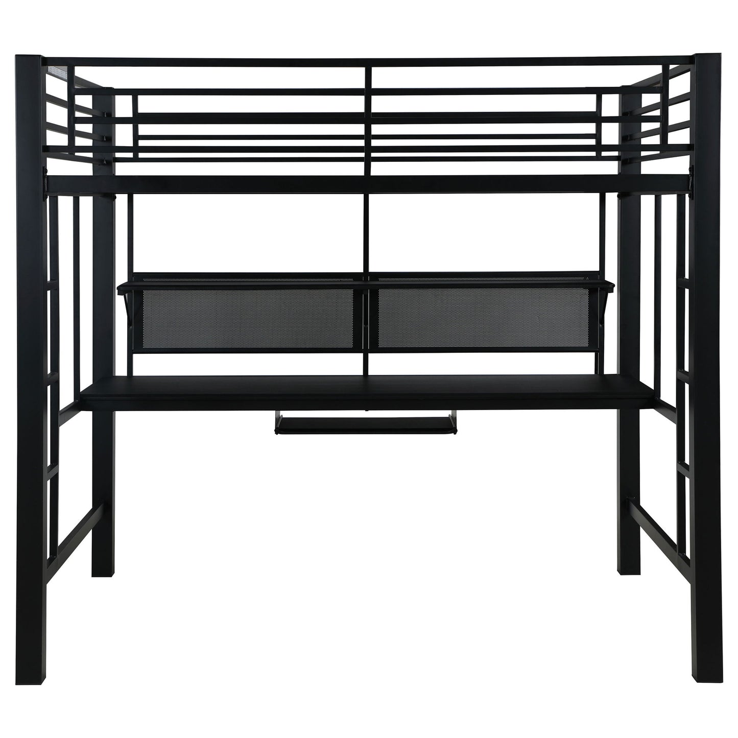 Ranier - Full Workstation Loft Bed, Full Length Desk, Safety Rails And Storage Shelves - Black