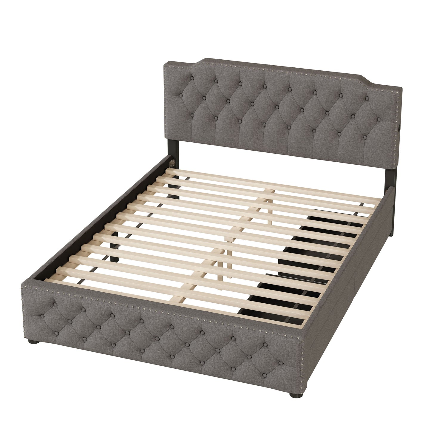 Upholstered Platform Bed With 2 Drawers And 2 Sets Of USB Ports On Each Side, Fabric