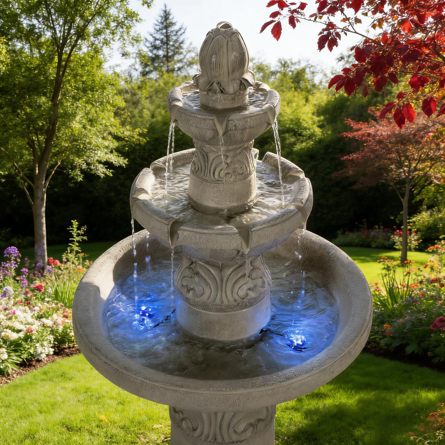 3 Tier Outdoor Garden Fountain With LED Lights - Gray