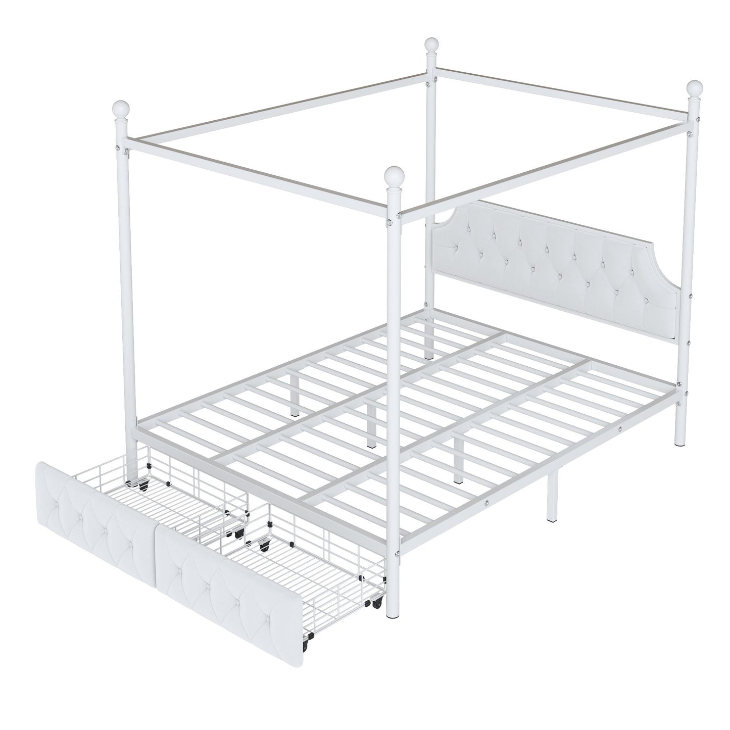 Queen Size Canopy Platform Bed With Upholstered Headboard And 2 Storage Drawers - White