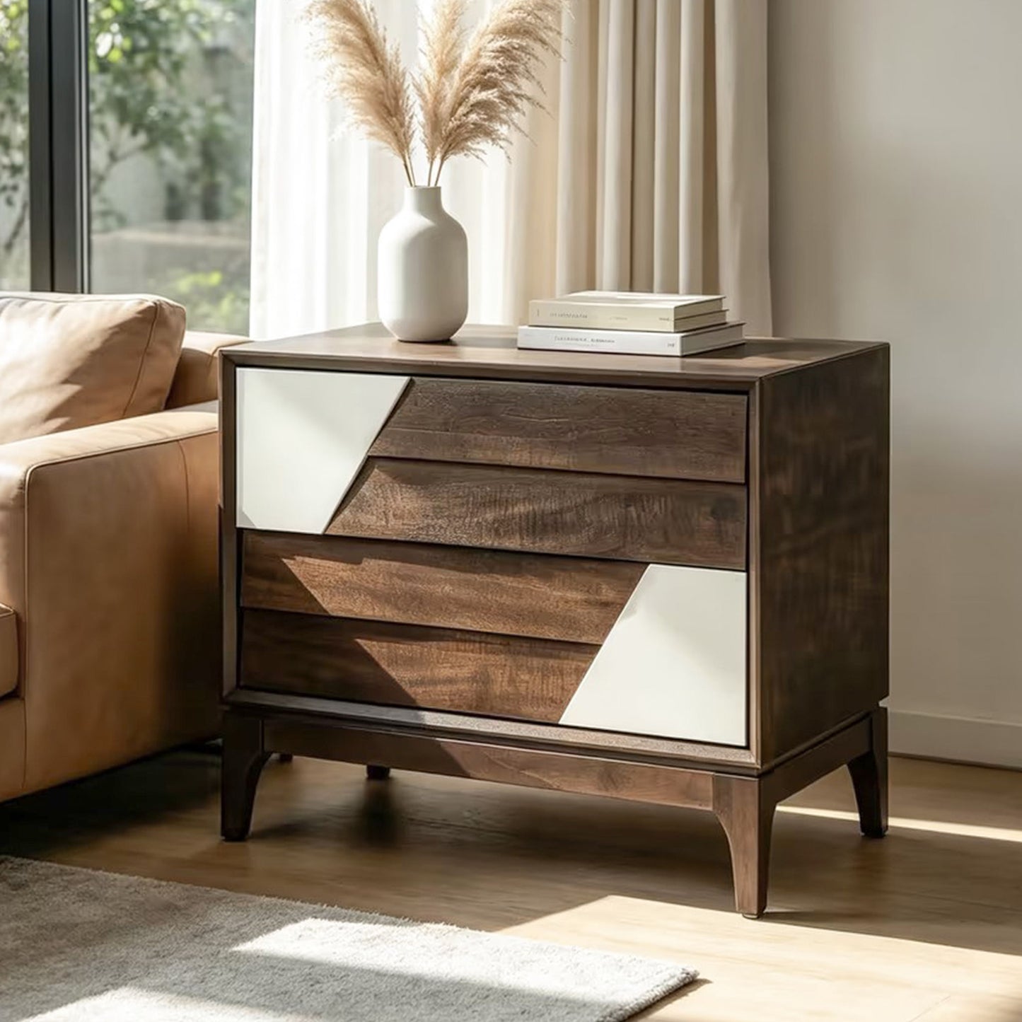 Japandi 2 Drawer Nightstand With Geometric Design