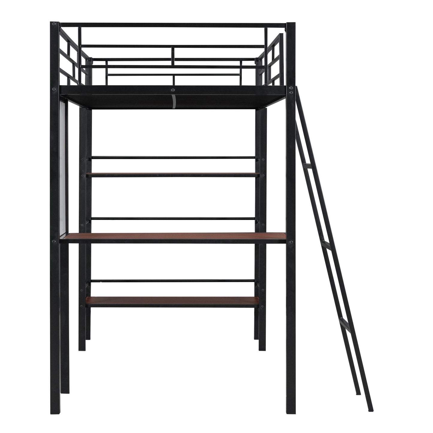 Loft Metal Bed With 3 Layers Of Shelves And Desk, Stylish Metal Frame Bed With board