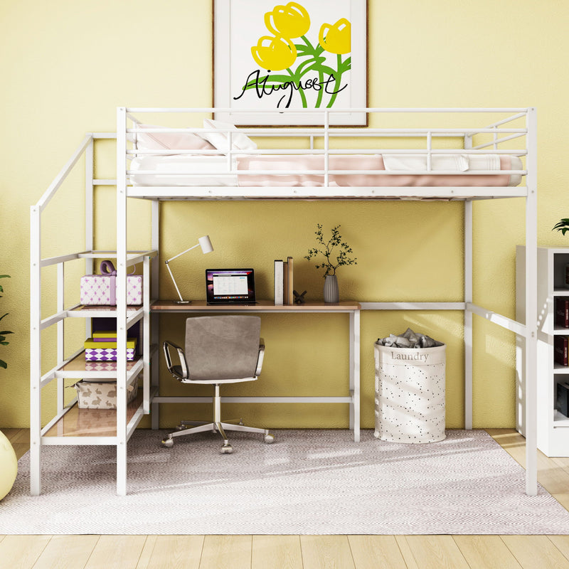 Full Size Loft Bed With Desk And Lateral Storage Ladder - White