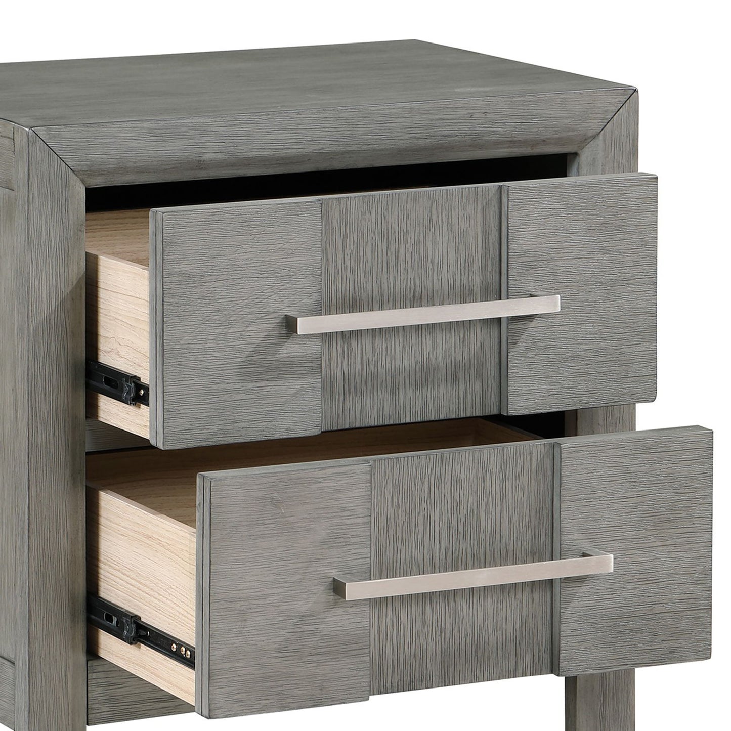 Modern 2 Drawer Nightstand In Gray Finish With Silver Metal Handles, Contemporary Bedside Table With Smooth Glide Drawers