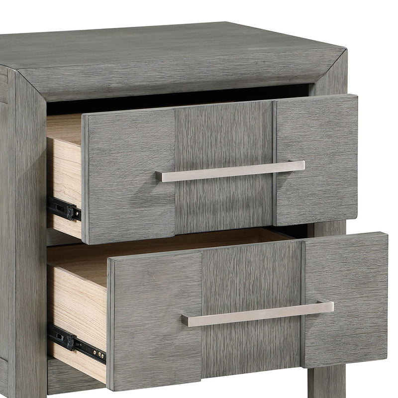 Modern 2 Drawer Nightstand In Gray Finish With Silver Metal Handles, Contemporary Bedside Table With Smooth Glide Drawers