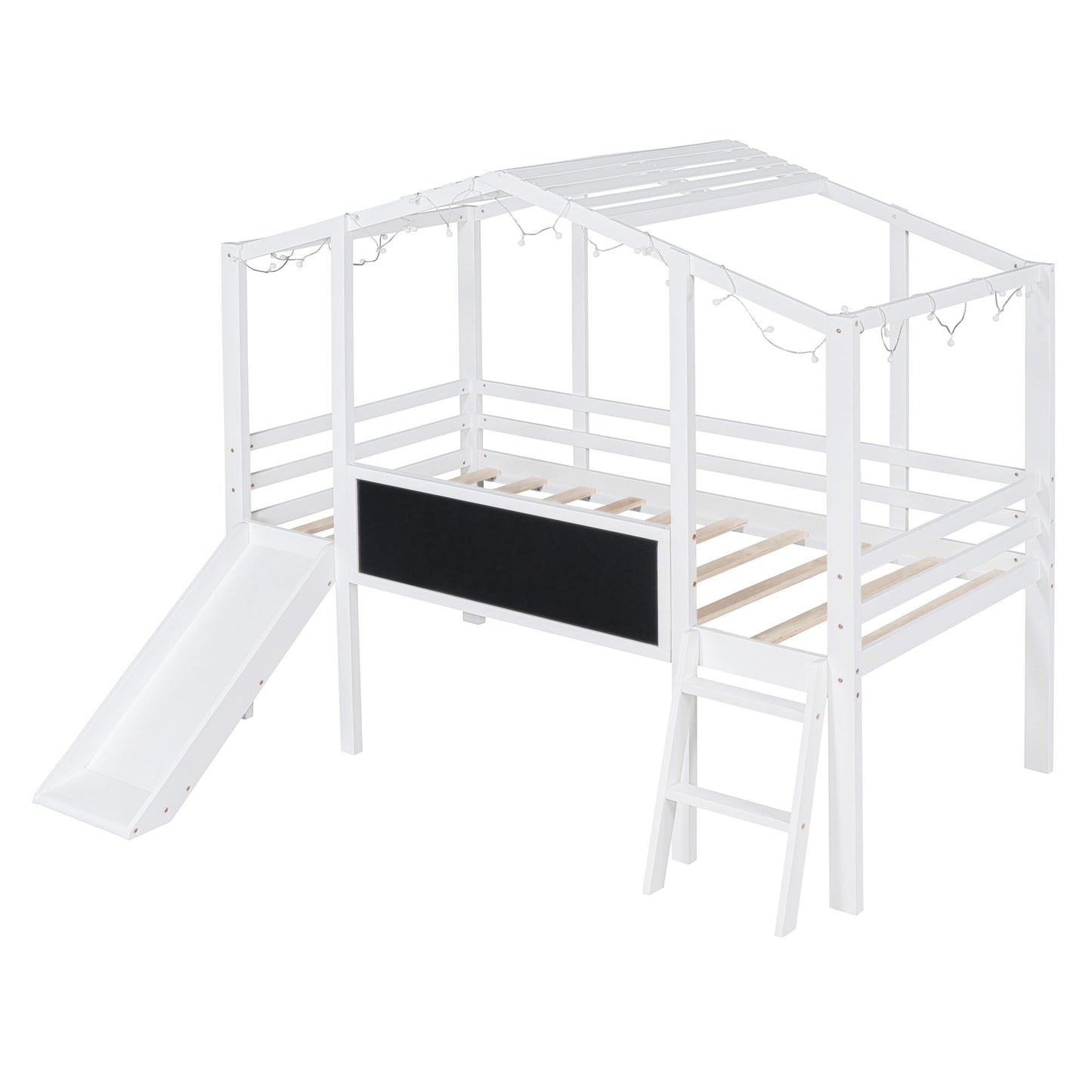 Loft House Bed With Ladder And Slide, With board And Light Strip On The Roof