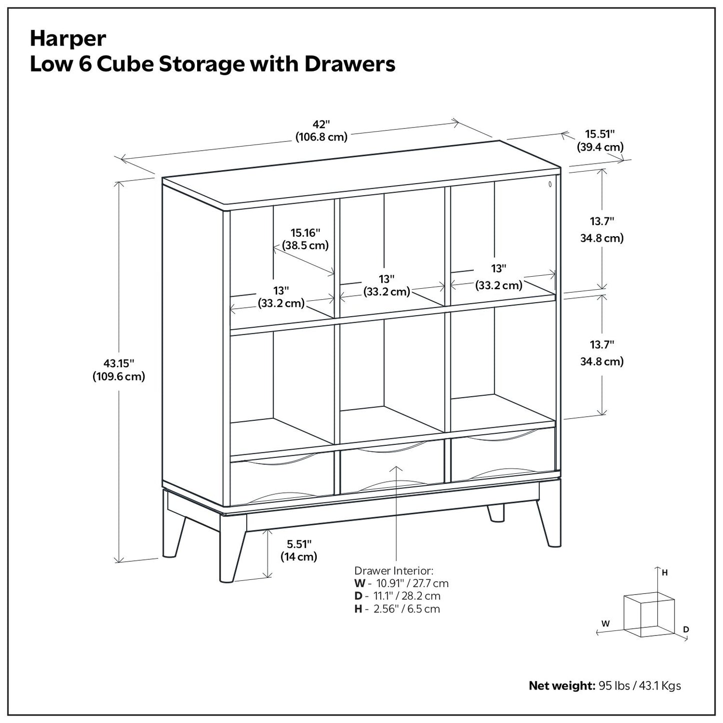 Harper - Low 6 Cube Storage With Drawers - Walnut Brown