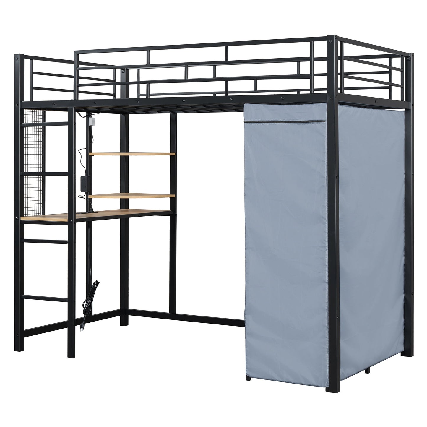 Loft Bed With Desk, Shelves, Power Outlet, LED Light And Wardrobe