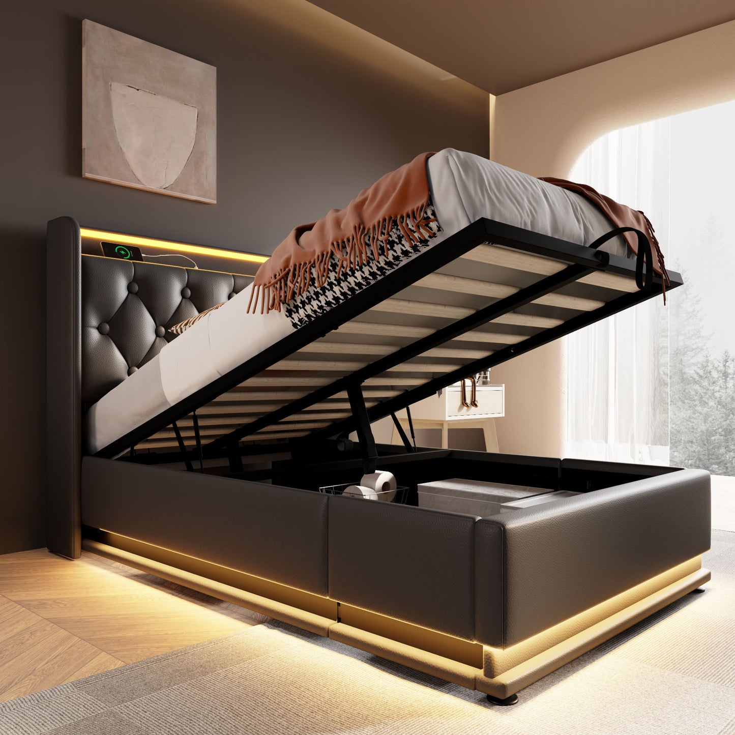 Upholstered Bed, 360 Surround LED Function, Remote Control, Hydraulic Storage Bed With USB, Type-C Charging (Without Mattress)