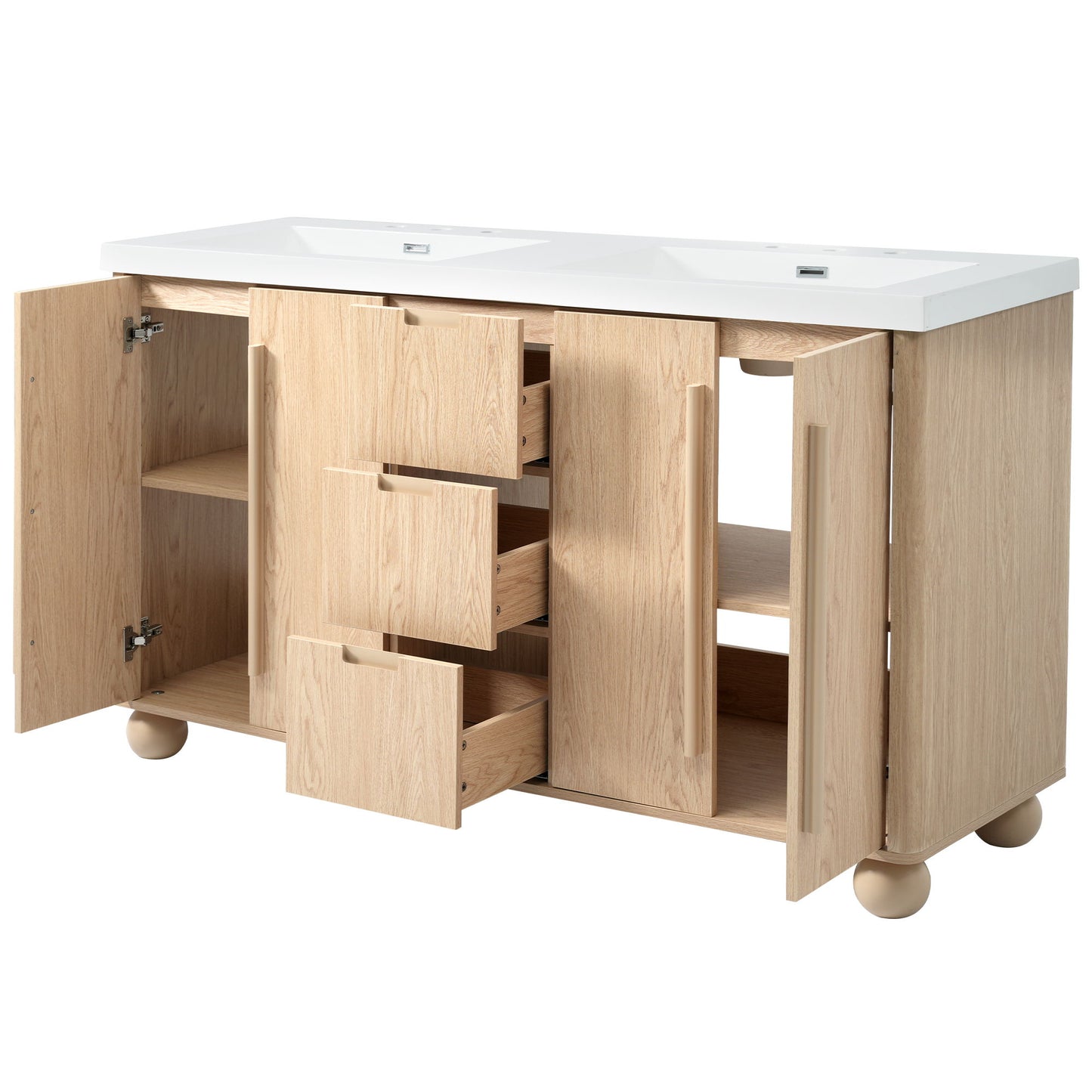 Double Sink Bathroom Vanity With Sinks, Soft Close Doors & 3 Drawers - Wood