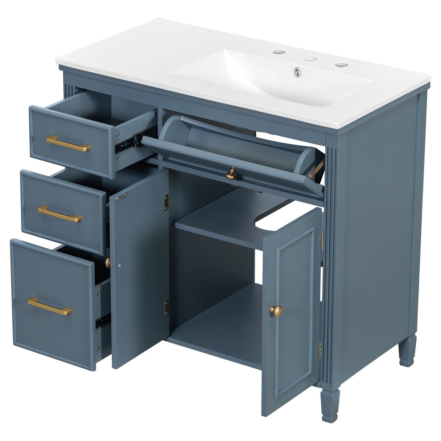 Modern Bathroom Vanity With Ceramic Sink, Freestanding, One Tip Out Drawer, 3 Side Drawers, Adjustable Shelf