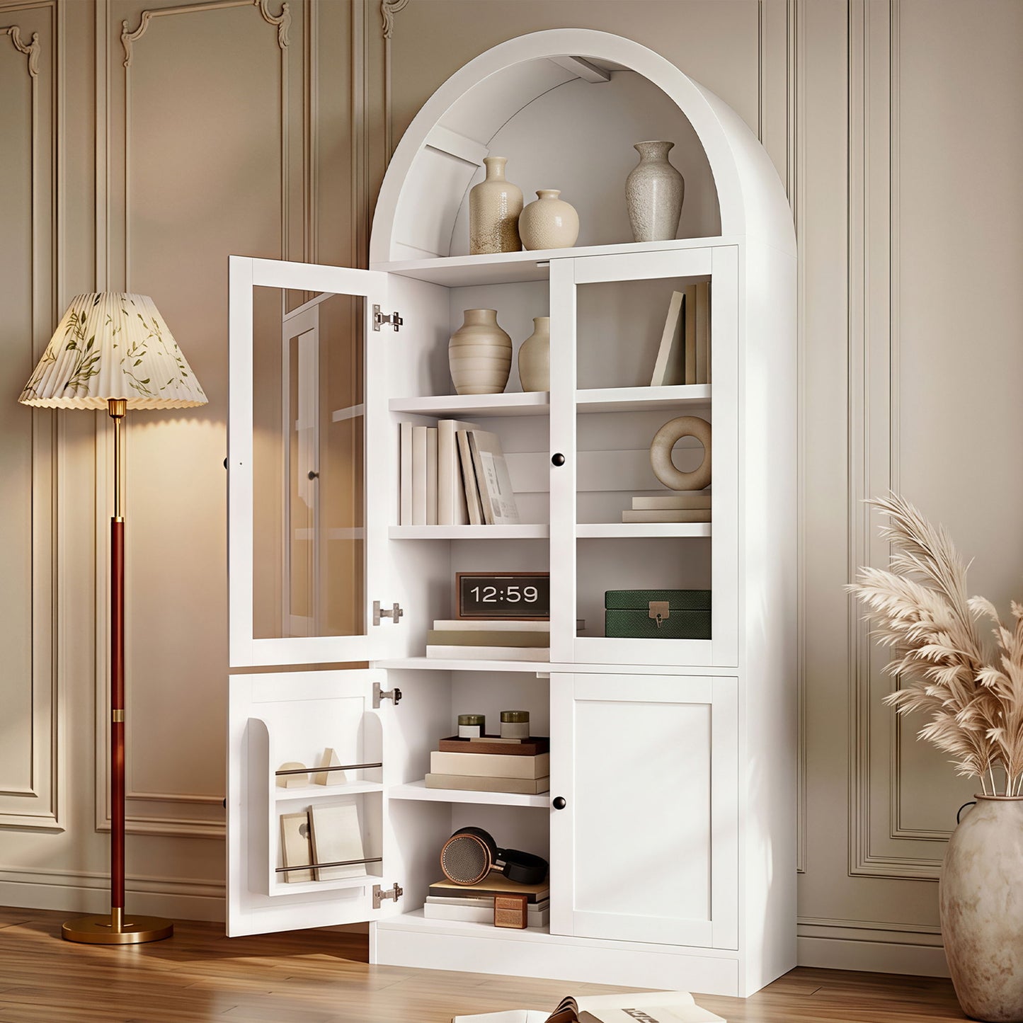 Tall Arched Top Storage Cabinet With 5 Tier Shelves, Soft Close Hinges