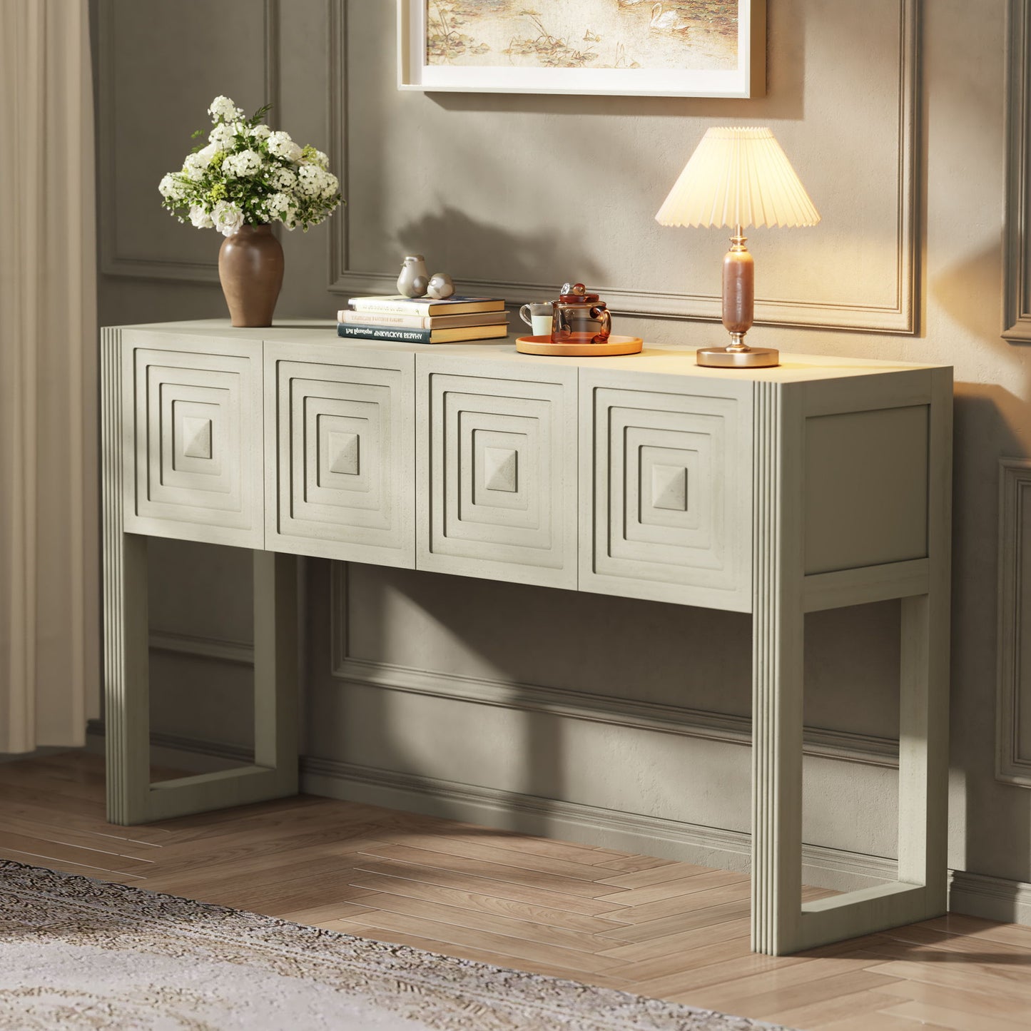 Geometric Carved Console Table With 3 Soft Close Drawers
