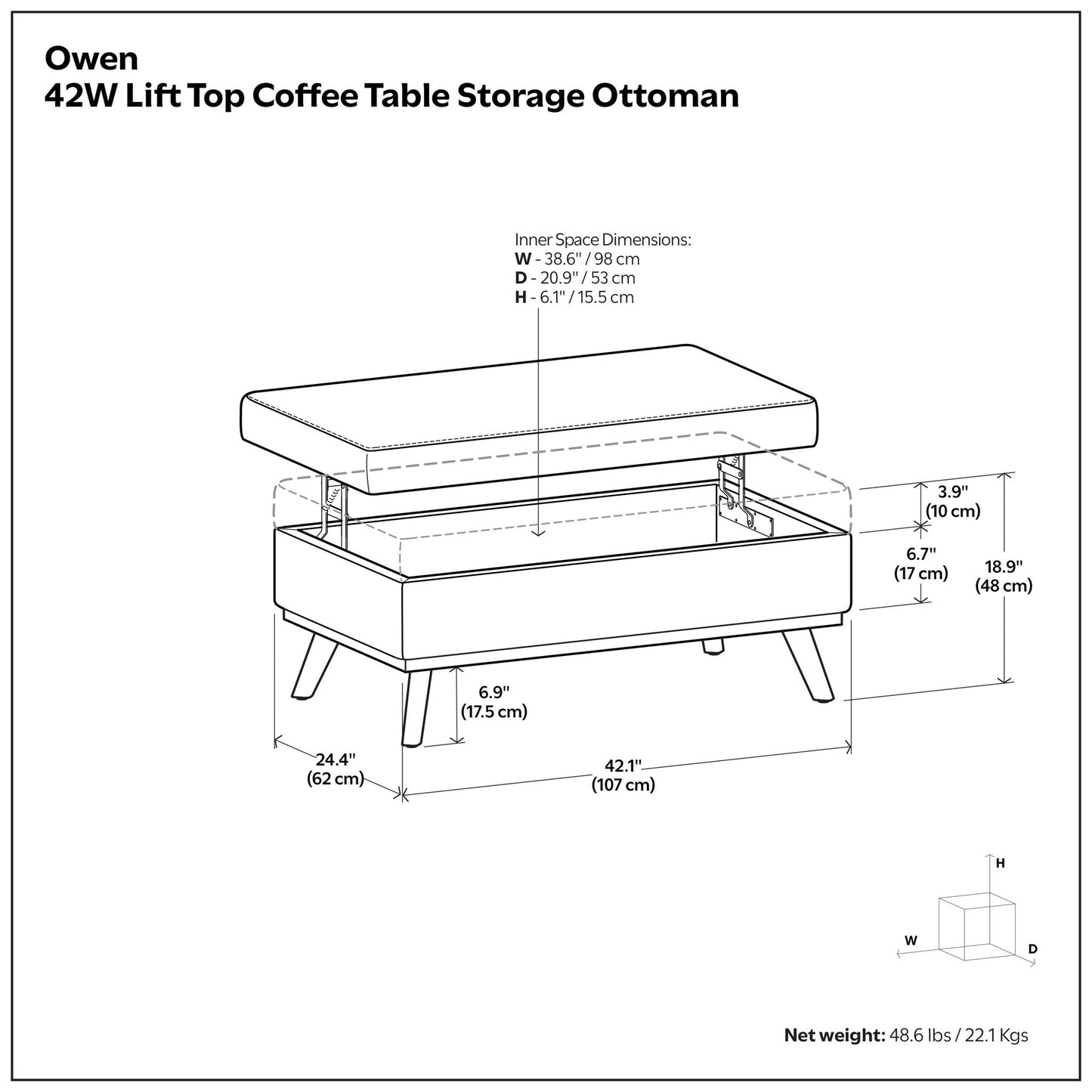 Owen - Lift Top Large Coffee Table Storage Ottoman, Mid Century Style