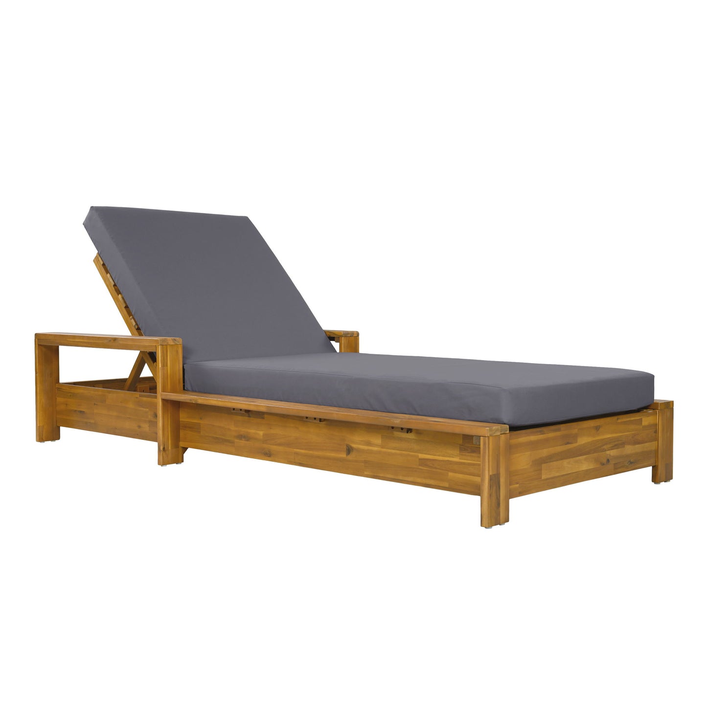 Chaise Lounge With Armrests, 2 Fold Cushion Set, 3 Position Adjustable Backrest, For Patio Pool - Dark Gray / Teak