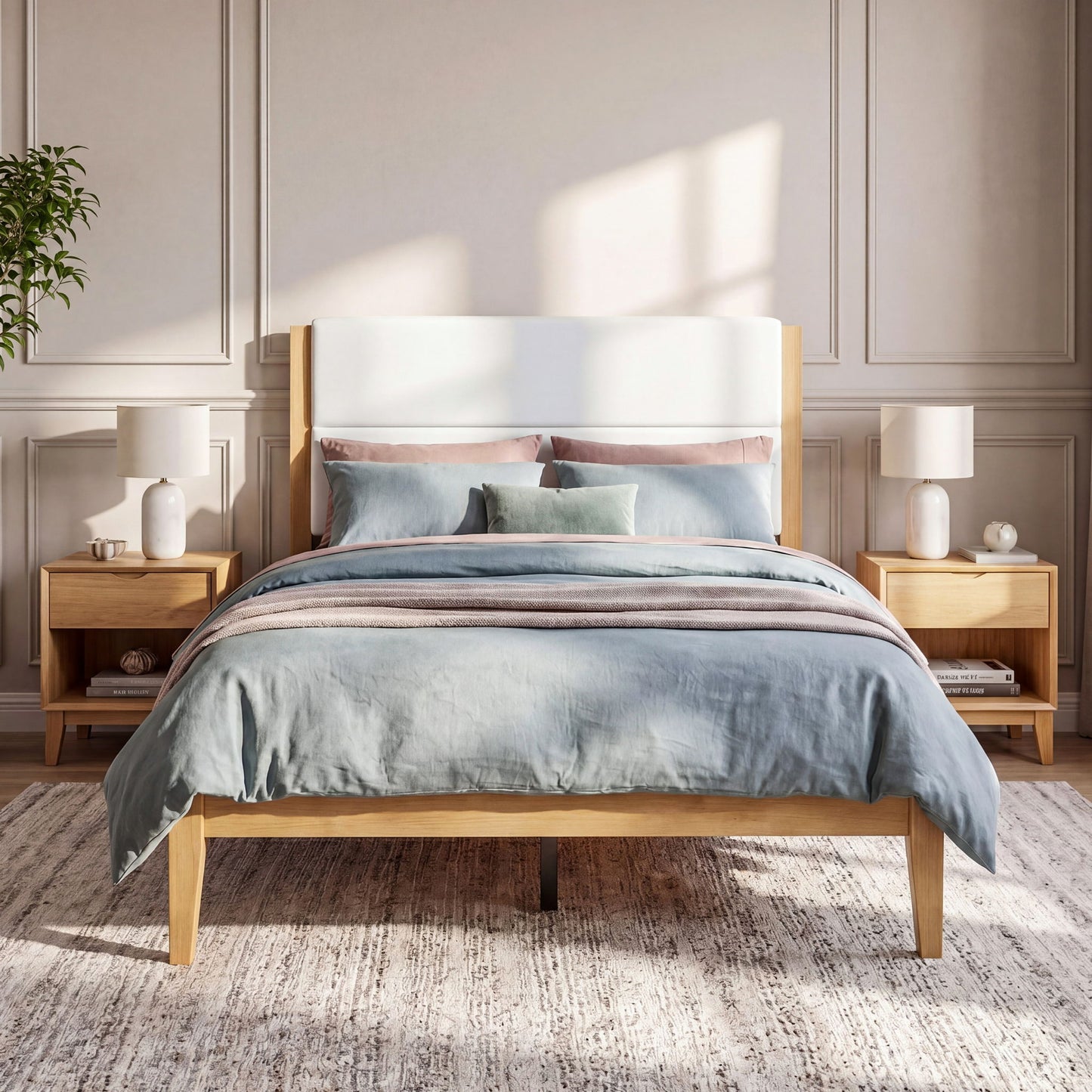 Platform Bed Frame With Upholstered Headboard, Slat Support